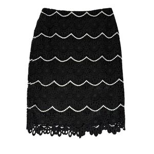 Talbots‎ Black Lace Pencil Skirt White Trim Back Zip Scalloped Hem Size 2